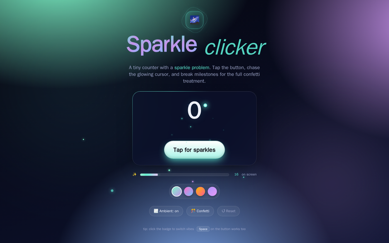 A project built with Manta Make: a tap-for-sparkles page with a live counter, generated and iterated entirely through chat with the self-hosted agent