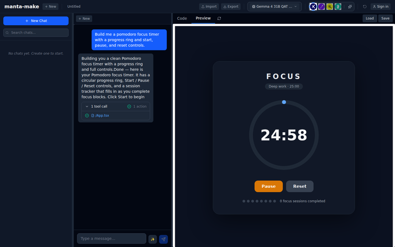 Manta Make in use: the AI writes a Pomodoro timer and the live preview runs it, with the code editor and chat side by side