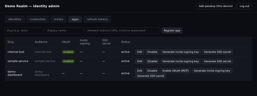 PK-IDP admin console showing registered apps and OAuth client status (demo data)