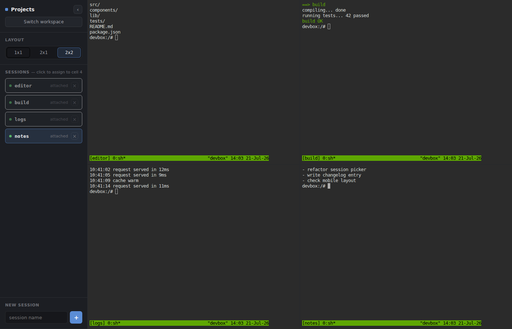 Split-pane terminal grid with four independent tmux sessions (demo data)